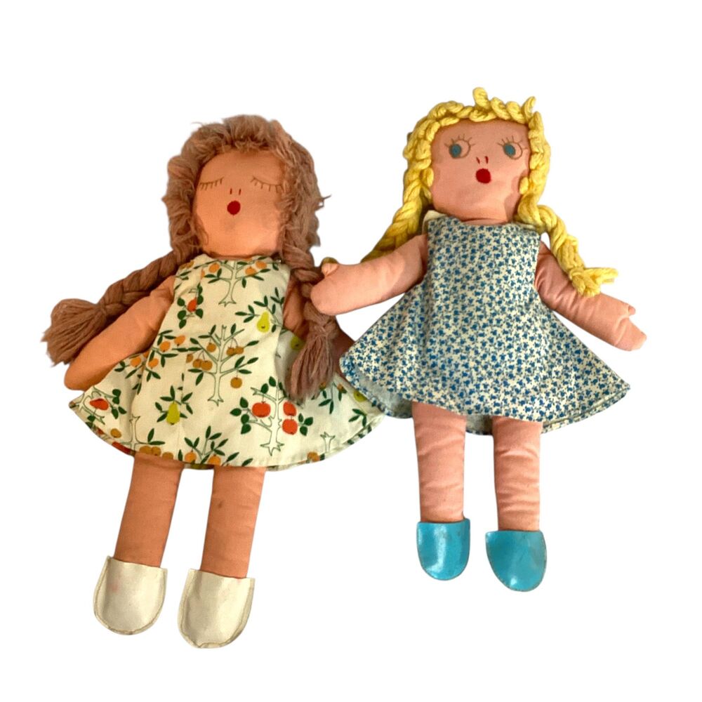 Charming Vintage 1960s Pair of Folk Art Reversible Happy/Sleepy Face Cloth Dolls